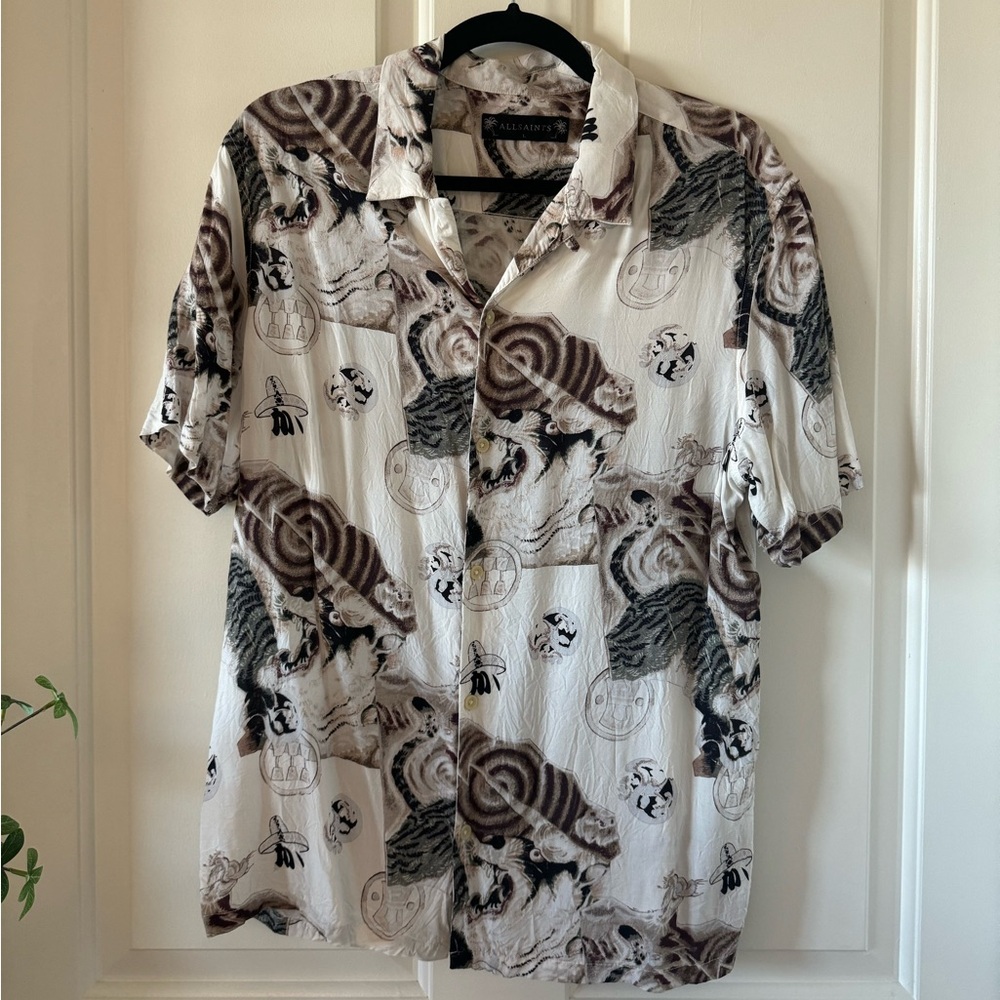 All Saints Shirt Mens Large White Brown Akita Tiger Print Short Sleeve Button Up